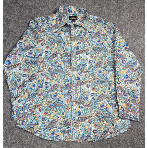 Cremieux Men's Large Shirt Long Slv Button Down Paisley Floral Print Blue Green - Picture 1 of 7